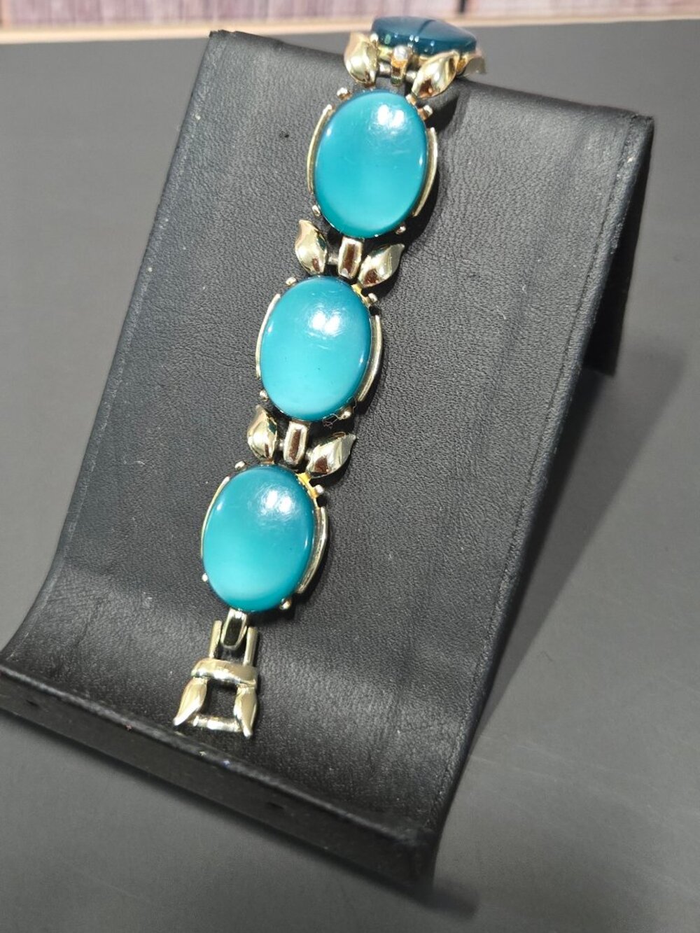 Vintage 1950s Teal Cabochon Bracelet | Gold Leaf Link Bracelet | Mid Century